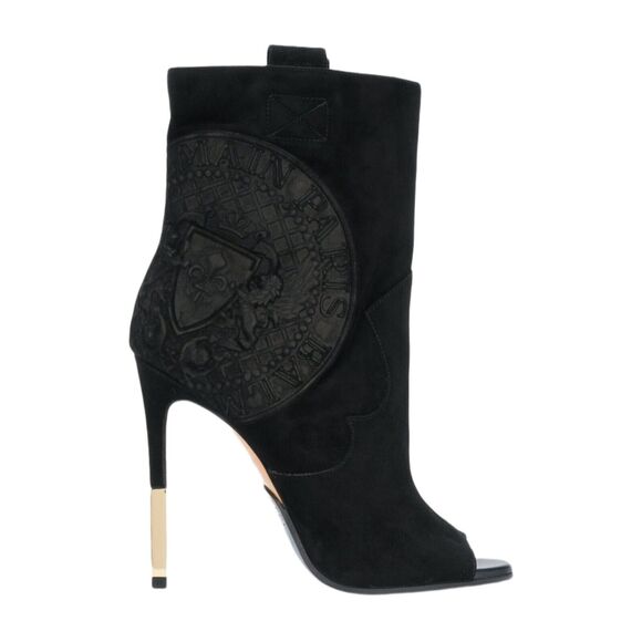 NWOB Balmain Medallion Embossed Suede Open Toe Ankle Boots Black $1279 Sz 38 (8) - Picture 1 of 11